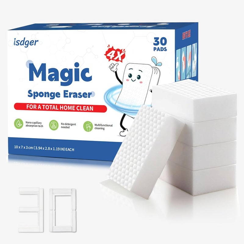 ISDGER 30 Pack 4X Density Magic Melamine Sponge Eraser, GRS Certified Cleaning Sponge Extra Durable & Long Lasting, Stovetop Cooktop Cleaner Sponge for Kitchen Glass Marble - Image 1